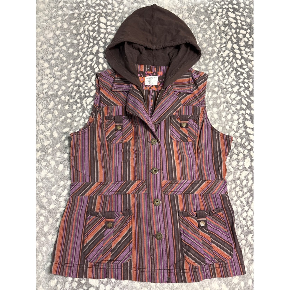 Maurices Womens Striped Utility Vest Hooded Brown Orange Purple Boho Cotton L